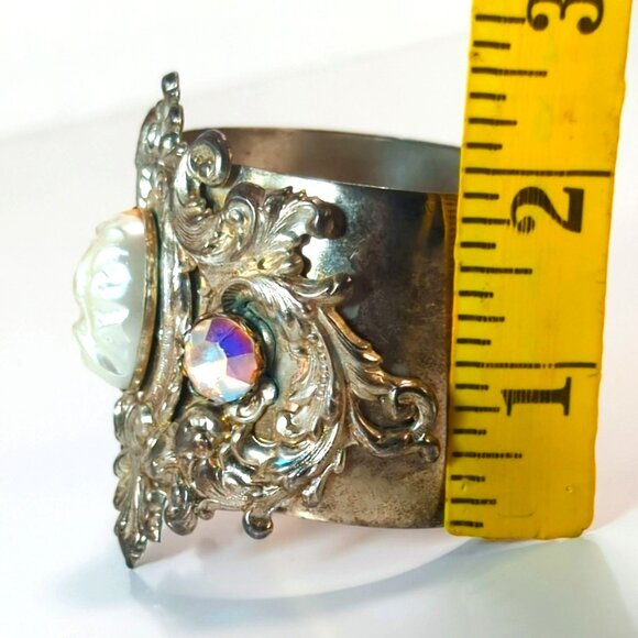 Ornate Baroque Silver Plated Cuff Bracelet Faux Pearl Cabochon AB Rhinestones - Picture 5 of 7